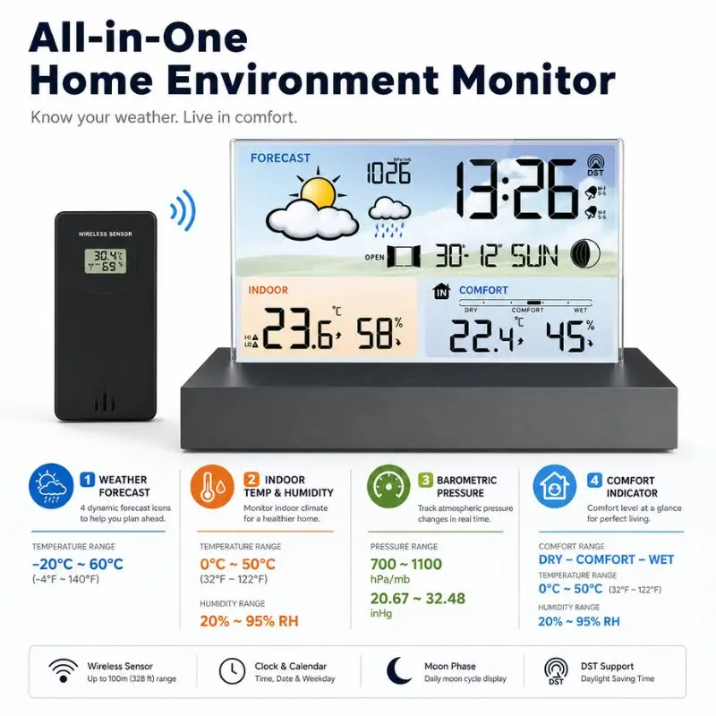 Transparent Glass Weather Clock for Home Use Color Screen Multifunctional Weather Forecast Digital Thermometer Hygrometer