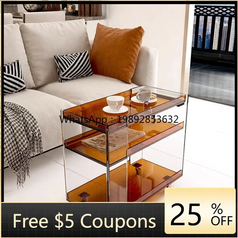 LYY Acrylic Movable Sofa Side Table Vintage Style with Wheels Trolley Coffee Table Storage Rack Living Room Mobile Dining Cart