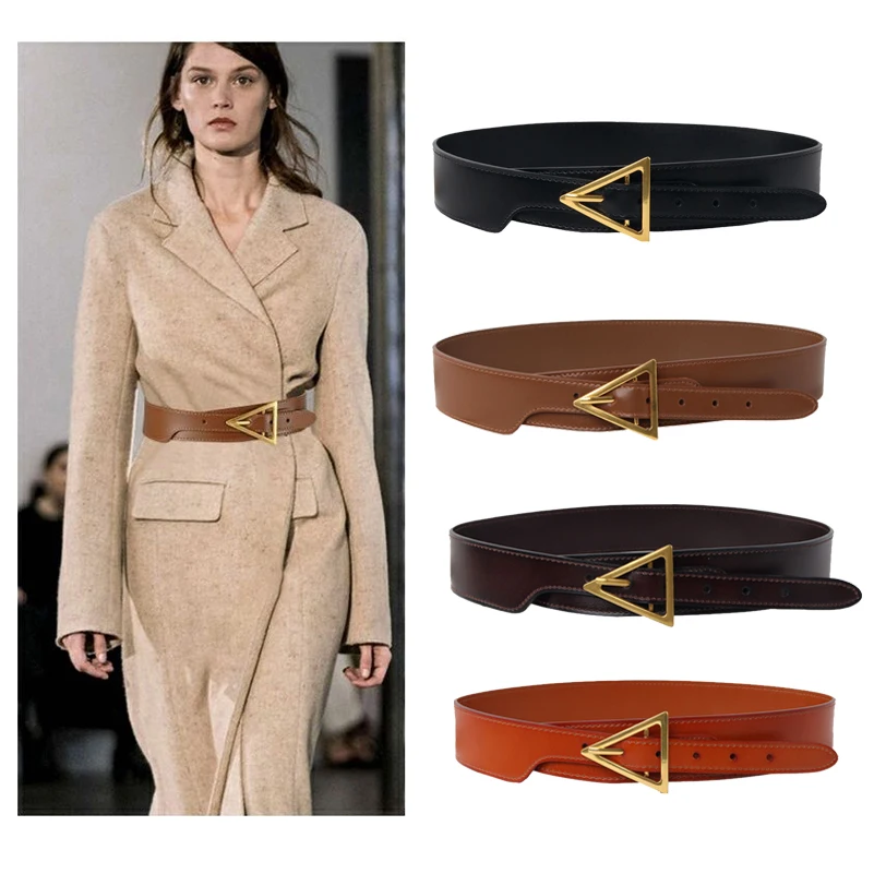 Western Split Leather Triangular Alloy Buckle Women Cummerbund Fashion Wide Women Belt With Dress Down Coat 4 Colours