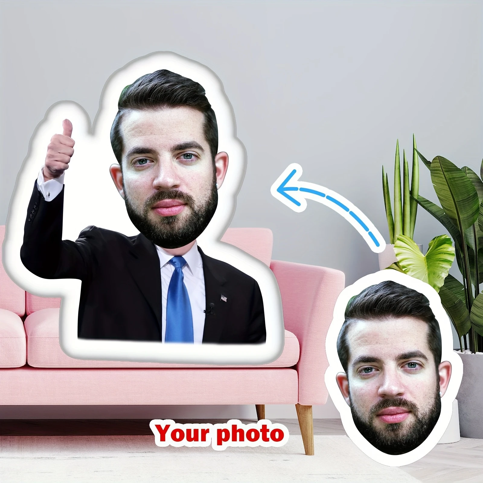 [Personalized Comfort] Custom Photo Plush Throw Pillow - Soft, Personalized Face & Body Design with Thumbs-Up Suit Illustration,