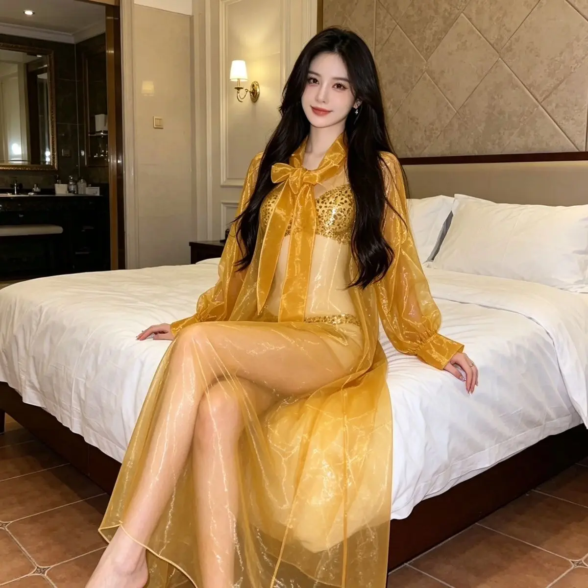 Water Light Gauze Naked Sleep Loose Nightgown See-through Gauze Shiny Smooth Bow Knot Erotic Sexy Men and Women Homewear