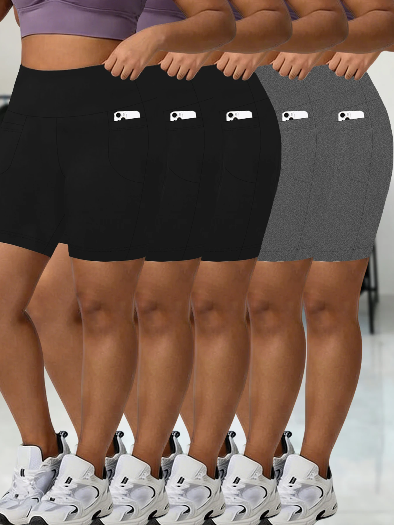 

5 pack Plus Size Women Athletic Shorts with Pockets.5 Inch High Waisted Biker Super Soft Tummy Control No See Through