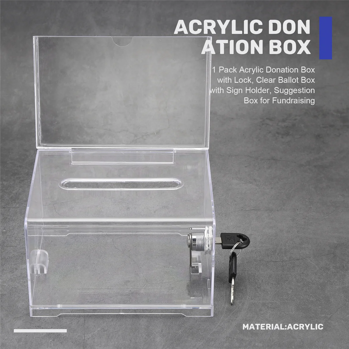 AT77 1 عبوة من صندوق التبرع الأكريليك مع قفل، صندوق الاقتراع الشفاف مع حامل اللافتات، صندوق الاقتراحات لتركيب الصمامات