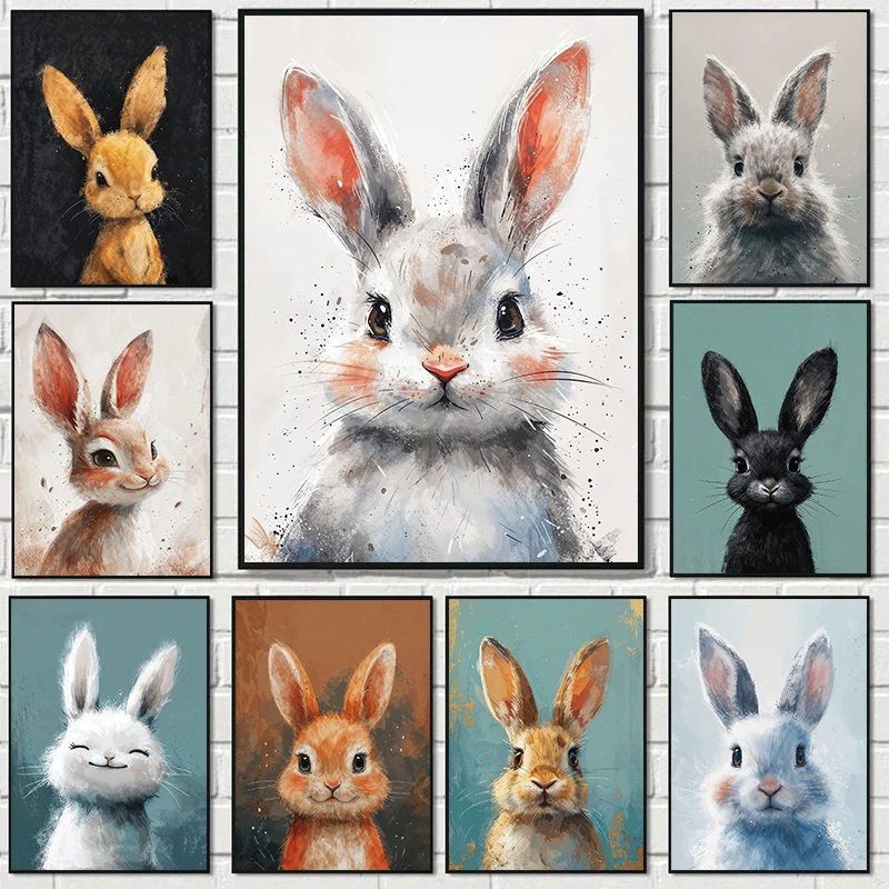 Modern Cute Cartoon Stuffed Rabbit Portrait Animal Posters Prints Canvas Painting Wall Art Picture Living Room Home Decor