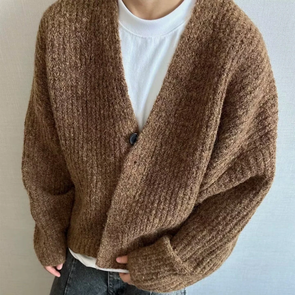 アメリカンスタイル V ネックニットセーターカーディガンメンズソリッドカラーカジュアルルーズフィット冬アウターソフトポリエステル繊維
