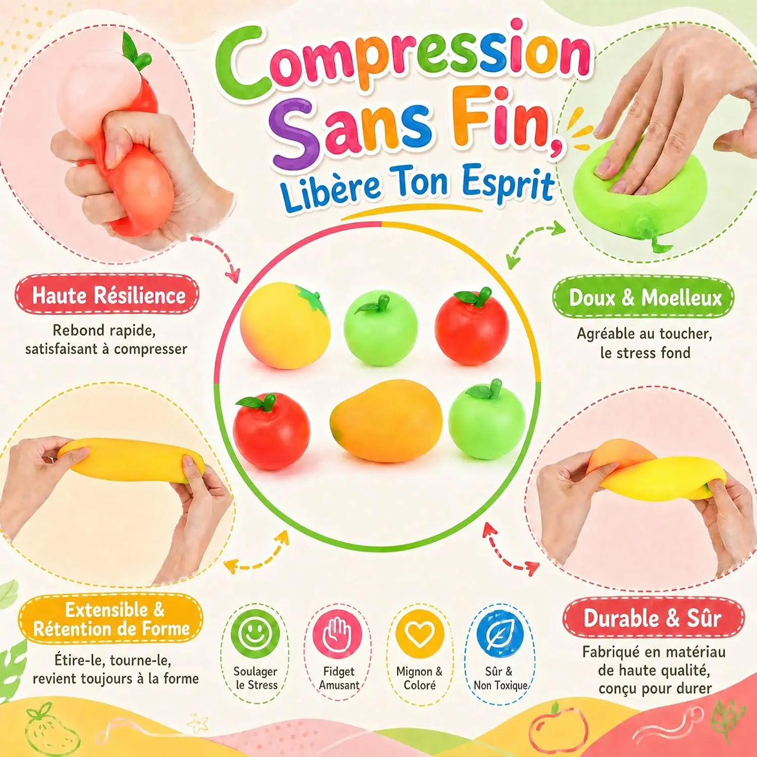 6PCS Squishy Fun Box Set Anti Stress Slow Rising Sensory Toys Red Apple Green Apple Mango Peach for Adults Home Travel