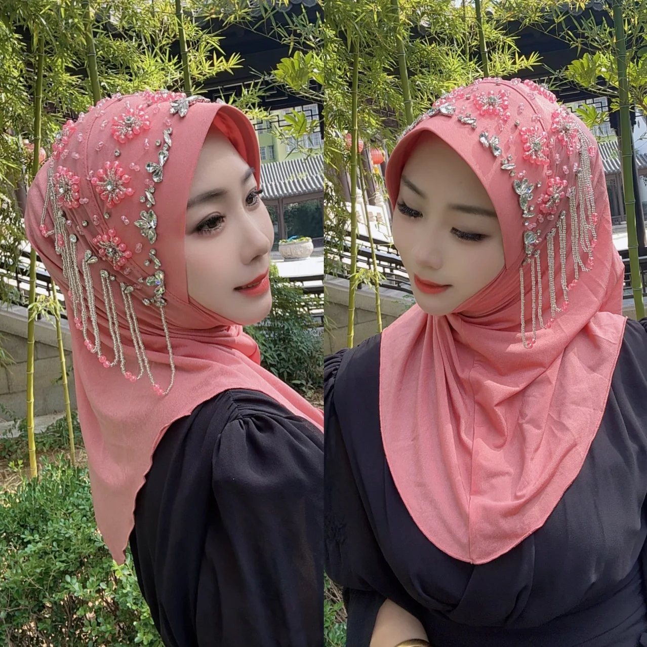 

Africa Ethnic Hats Hijab Luxury Party Caps Floral Diamonds Hard Shell Brim Strecth Women's Hijabs White Cap Luxurious Banquet