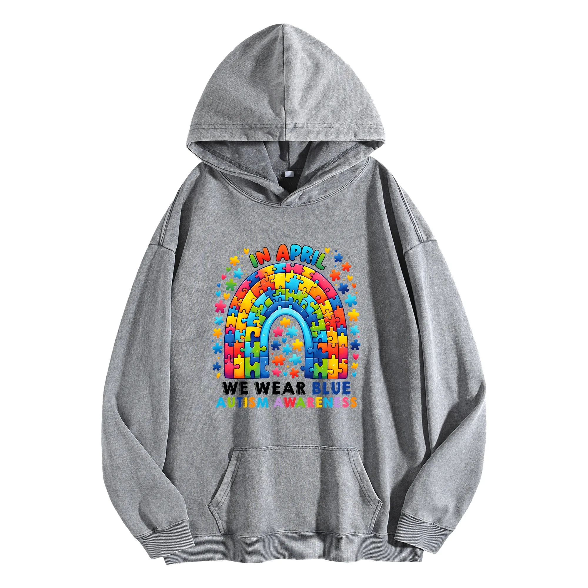 الوعي بالتوحد طباعة جرافيك 400G خمر غسلها هوديي للجنسين المتضخم الشارع الشهير البلوز مجموعة الخريف/الشتاء #2