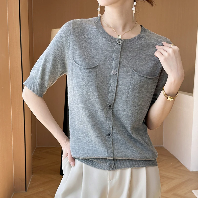 

Women's T-shirt Summer New Worsted Wool Knitwear Casual Solid Color Ladies Tops Round Neck Cardigan Short Sleeve Loose Tees Pock