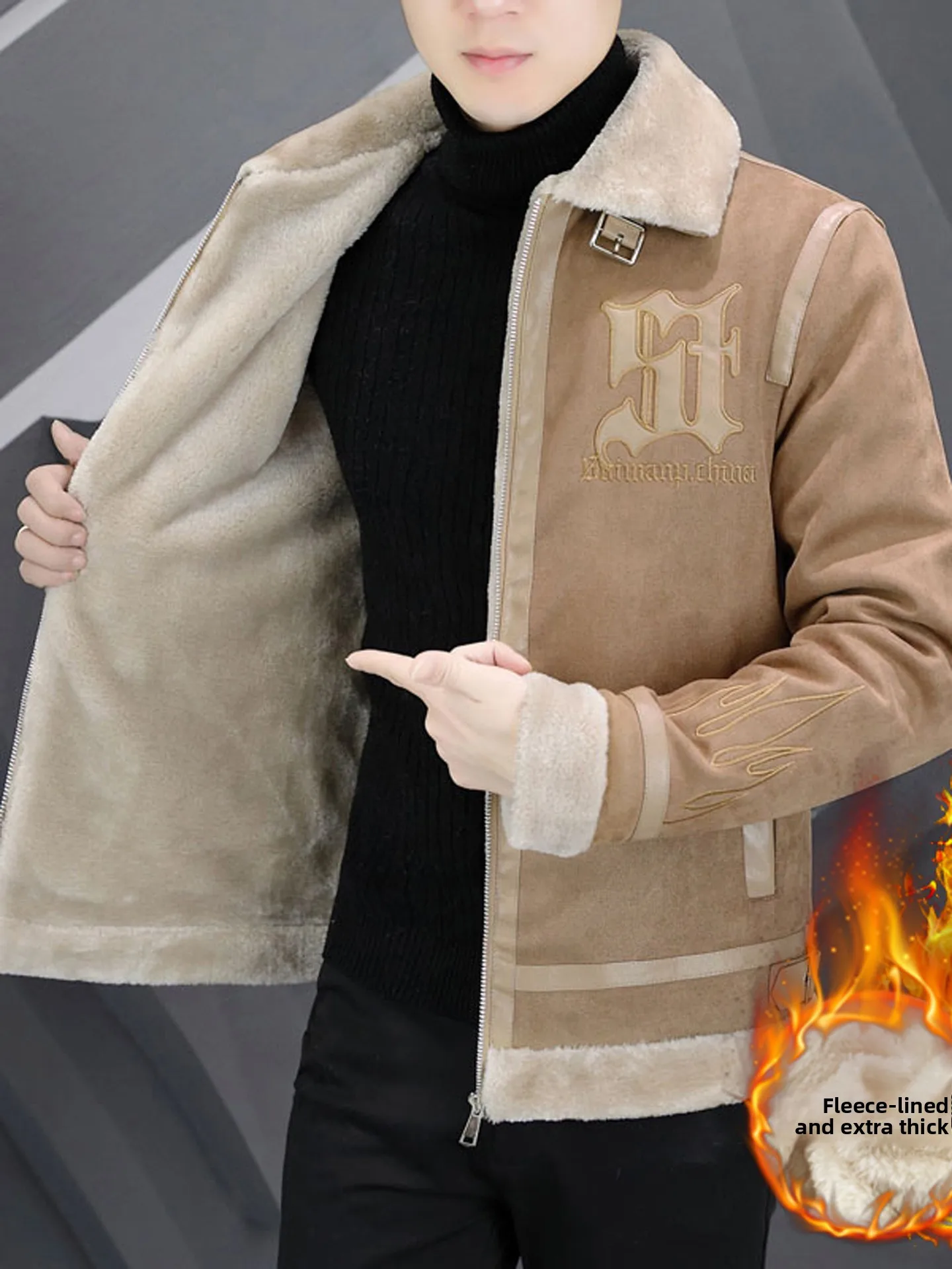 

Men's Deer Hide Velvet Jaet Collared Fur Collar Winter Thiened Fce Lined Leather And Fur Inteated Zipper Closure Coat