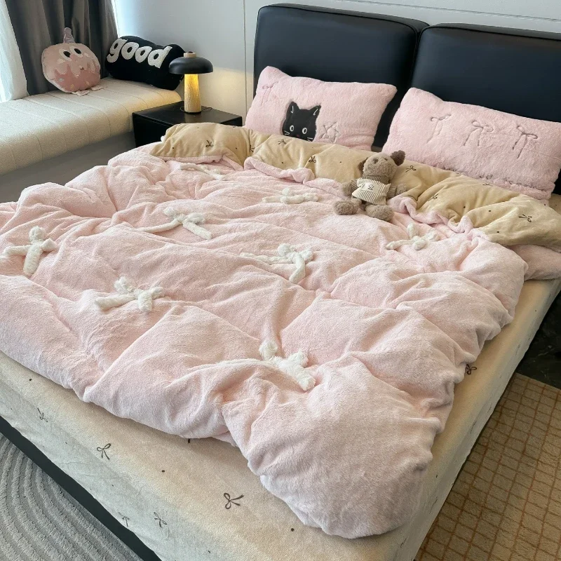 Cute Bowknot Cartoon Milk Velvet Bedding Set Colorfast Machine Washable Bed Linen Double Sided Thick Coral Fleece Duvet Cover