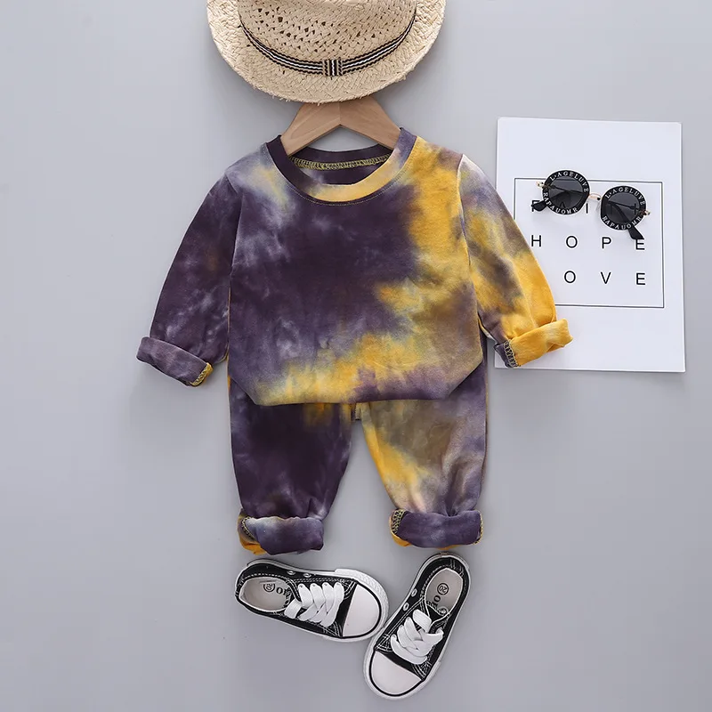 

Boys Sports Sweater Two Piece Set 2023 New Children's Spring and Autumn Baby Round Neck Tie Dyed Top + Pants for Kids Clothing