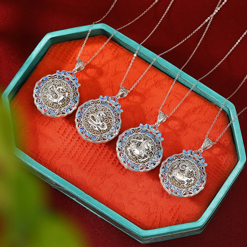 S925 silver Hetian jade cloisonné twelve zodiac signs auspicious cloud Ruyi pendant double-sided hanging ornament