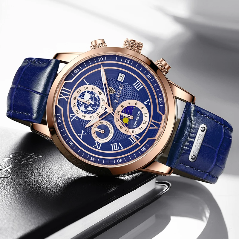 LIGE Leather Strap Men Watches Fashion Creative Luminous Big Dial Chronograph Man Watch Waterproof Business Quartz Wristwatches