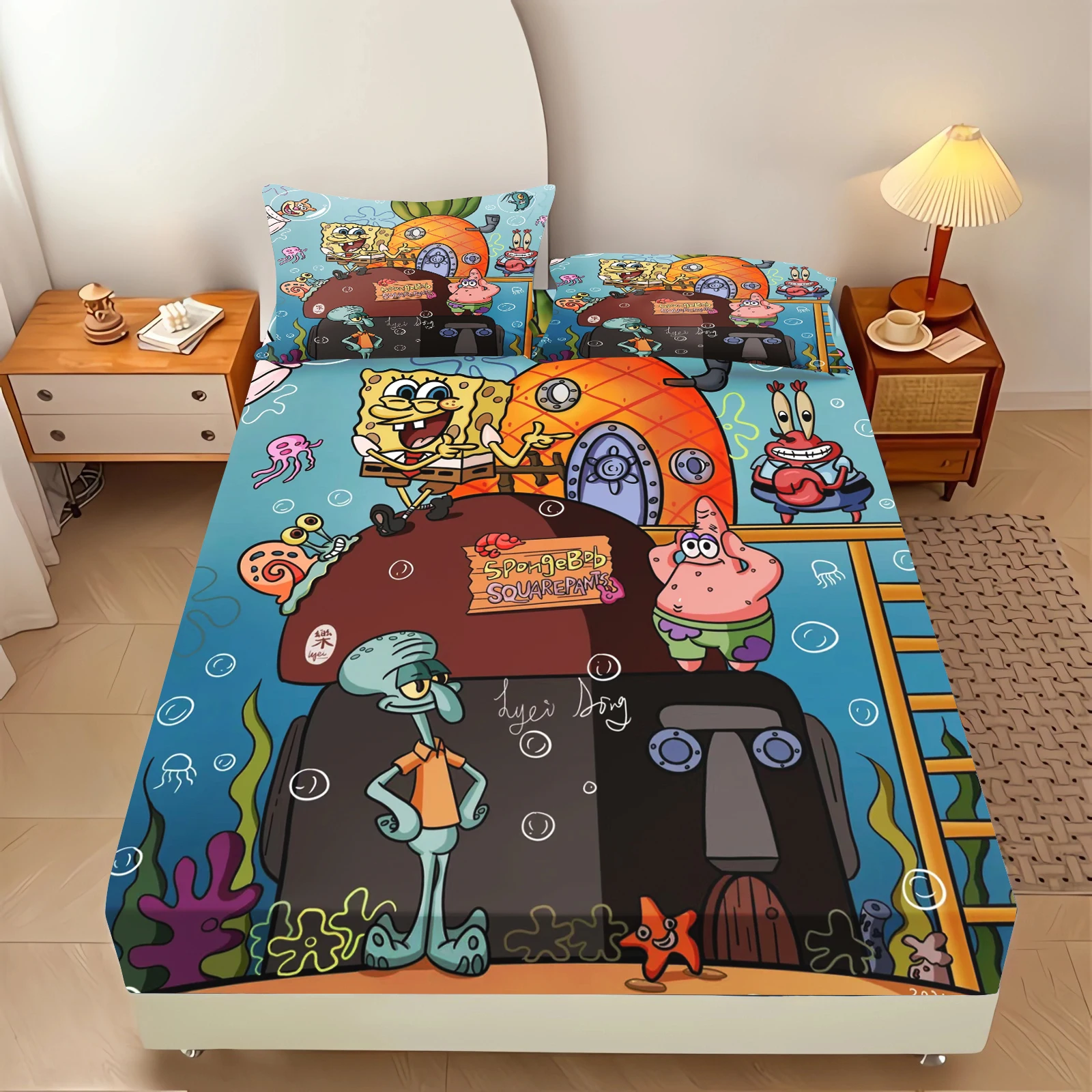 SpongeBob SquarePants Fitted Sheet Set Patrick Star Fruit Grapefruit Bubble Print Pink Base Cartoon Kids Bed Sheet view 3