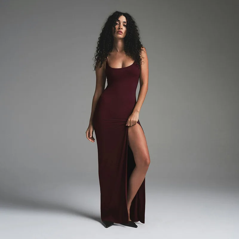 밍위안 스타일 여성 가을 겨울 섹시한 멜빵 원피스 솔리드 컬러 백리스 허리 조절 슬릿 힙 허깅 드레스