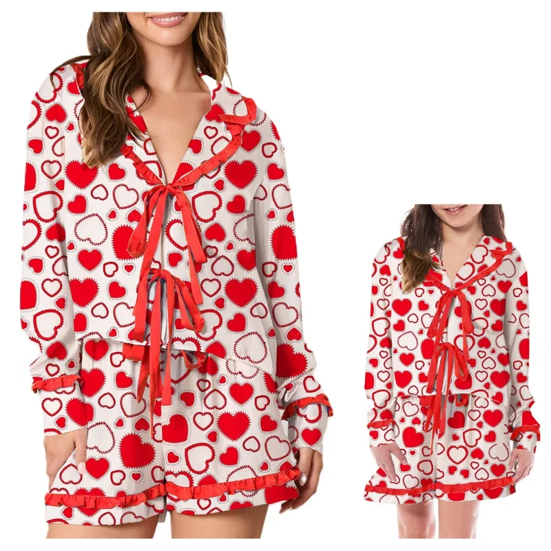 Lamuusaa Mommy and Me Matching Pajamas Set Valentine Heart Print Tie Front Long Sleeve Lapel Top and Shorts Set Family Sleepwear