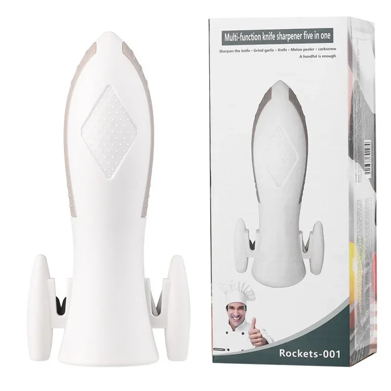 Rocket shaped multifunctional kitchen tool, fruit knife, scraper, sharpener, bottle opener, garlic grinder