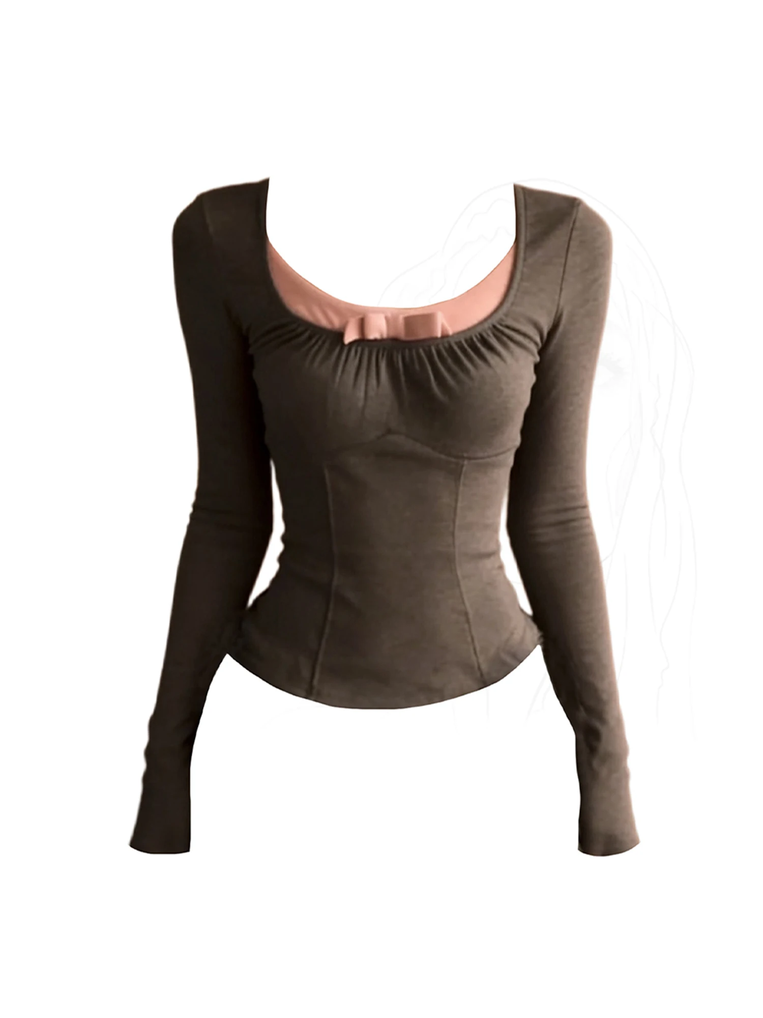 

Женская серая футболка с v-образным вырезом Y2k Gyaru Bow Tee Top 2000-х годов Винтажная эстетичная футболка оверсайз с длинным рукавом и квадратным воротником Одежда 2026