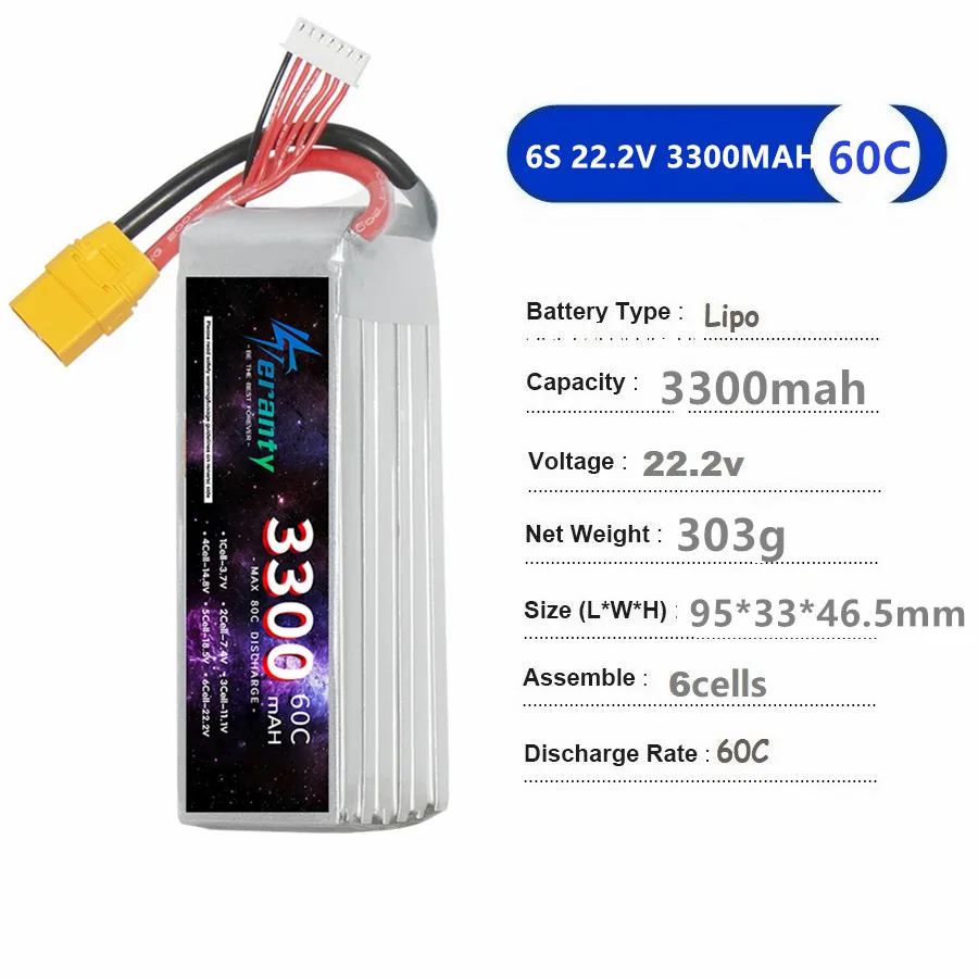 6S 3300mAh 60C Lipo Battery 22.2V High-Discharge Rate with Deans T XT60 XT90 Plug Compatible with Remote Controlled Toys