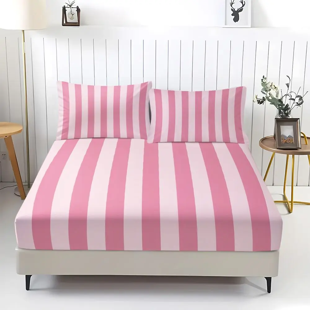Pink Vertical Stripe Print Fitted Sheet Set Bed Sheet Set Bedding Set No Fillers Sweet Girls Skin Friendly Bed Sheet Kit