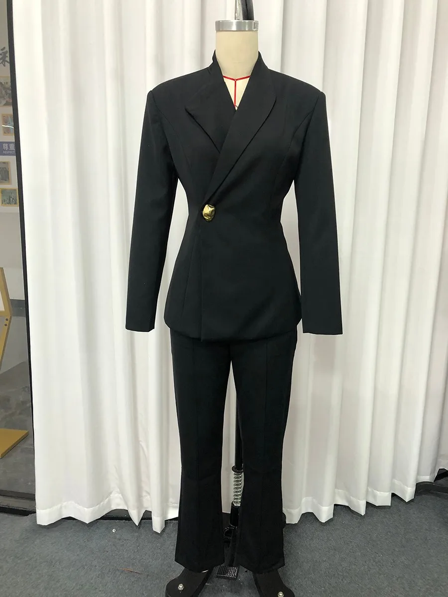 TWOTWINSTYLE الصلبة الحد الأدنى قطعتين مجموعات للنساء التلبيب طويلة الأكمام تقسم زر معدني السترة عالية الخصر مجموعة بناطيل رجالي الإناث #6