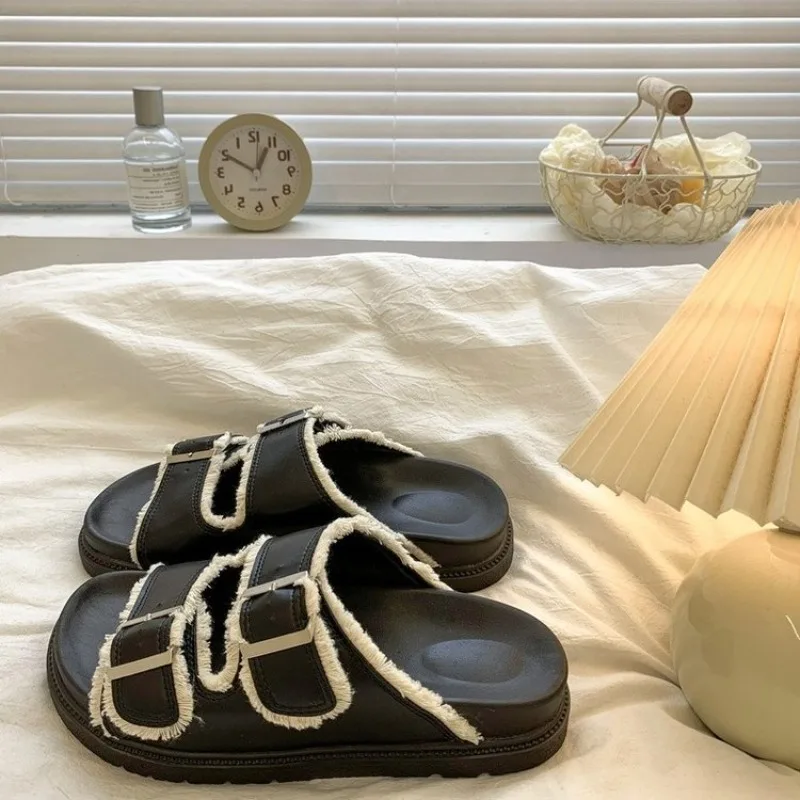 Ladies Double Buckle Frayed Trim Slides, Open Toe Flat Casual Birken Inspired Summer Sandals