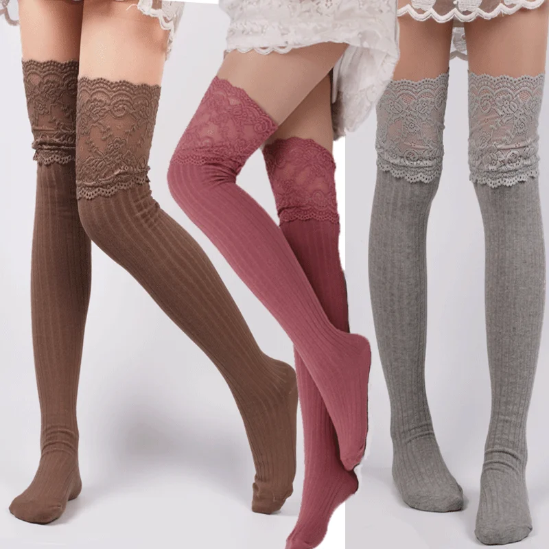 

Socks for Woman Autumn/Winter Thigh High Lace Top Cute Lolita Knitted Thick Warm Stockings White Long Leg Socks