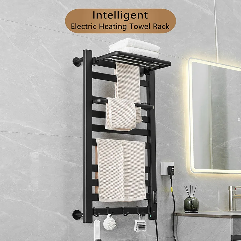 Toallero eléctrico inteligente para baño, radiador térmico, pantalla de tela, secadores, color negro Estante inteligente de toallas de baño de calefacción eléctrica a temperatura constante