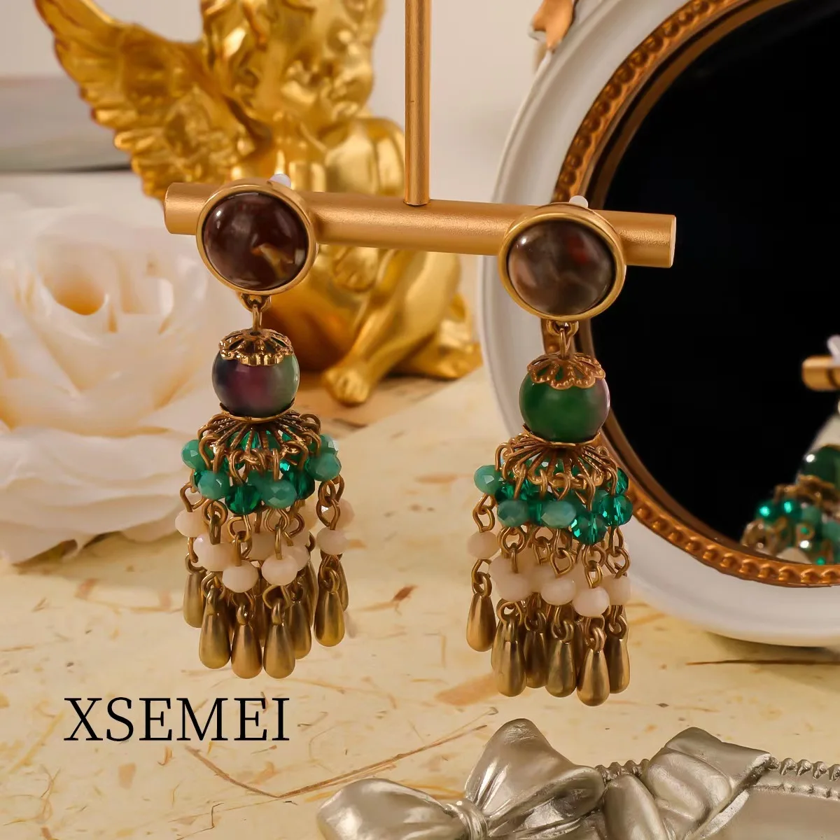 Retro Style Fashion Italian Medieval Style Glass Bead Tassels Necklace Heavy Industry Necklace Silver Needle Earrings Set