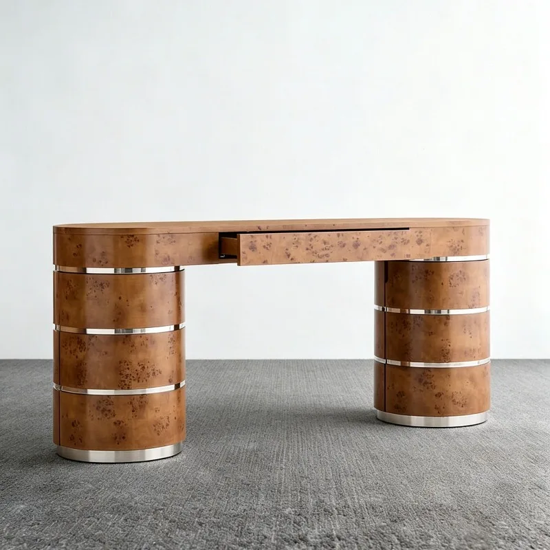medieval solid wood desk, light luxury round desk, home study metal frame writing desk tree tumor bark workbench