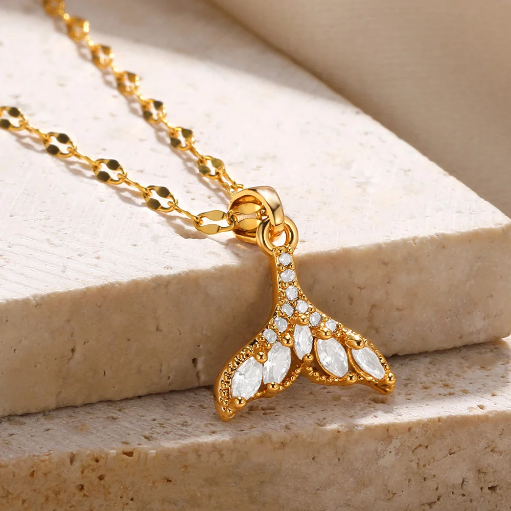 18 K Gold Color Fishtail Zircon Necklaces For Women Chain Accesorios Para Mujer Trend Cute Engagement Wedding Jewelry 2024 New