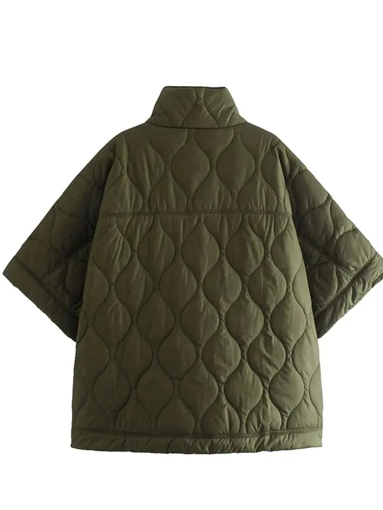 2024 Autumn and Winter New Women Standing Neck Loose Medium Sleeve Diamond Quilted Waterproof Cloak Coat