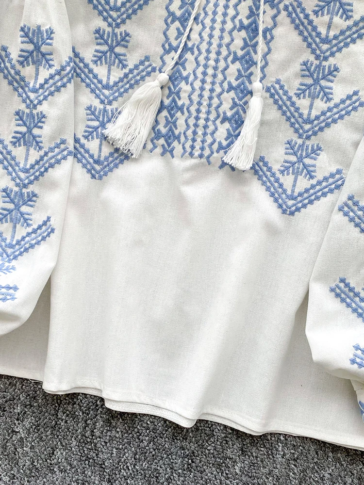 بلوزة نسائية مطرزة للخريف بأكمام طويلة قميص ريترو بوهيمي نمط التعادل صبغ فانوس كم فضفاض أنثى شابة Blusa BL244