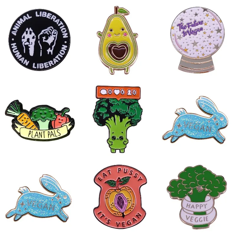 Hard Enamel Pins Vegetarianism Broccoli Avocado Pussy Vegetables Rabbit Plant Badge Cartoon Stay Healthy Brooches Gift Wholesale