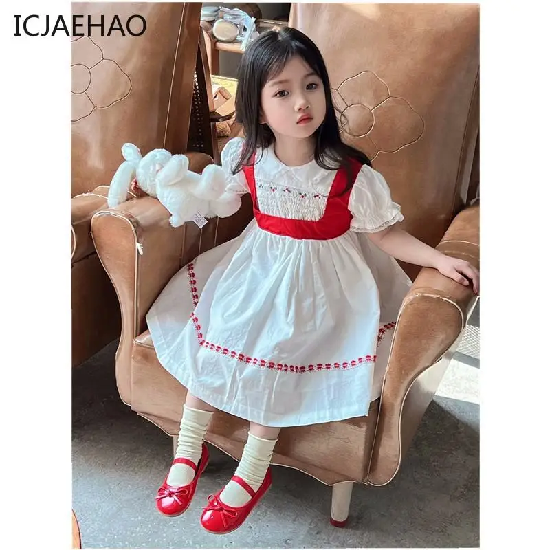 Smocked Vintage Hand Made with Bow Dresses Kids Girl First Birthday Princess Children Infant Smocking Clothes Summer Matching