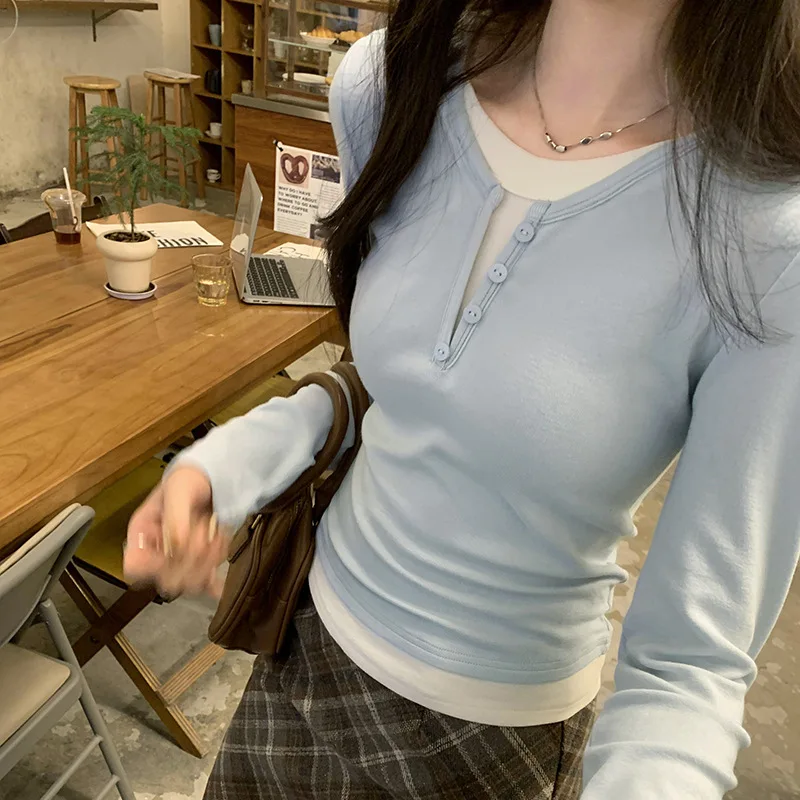 

Женская облегающая нижняя рубашка из двух частей с цветными блоками, осень-зима, нишевая футболка с длинными рукавами, топ