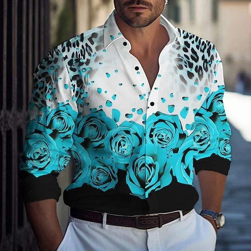 Rose Leopard Pattern Hawaiian Shirts For Men Colorful Flower Leaf 3D Printed Aloha Shirts Casual Loose Long Sleeve Tops Blouses