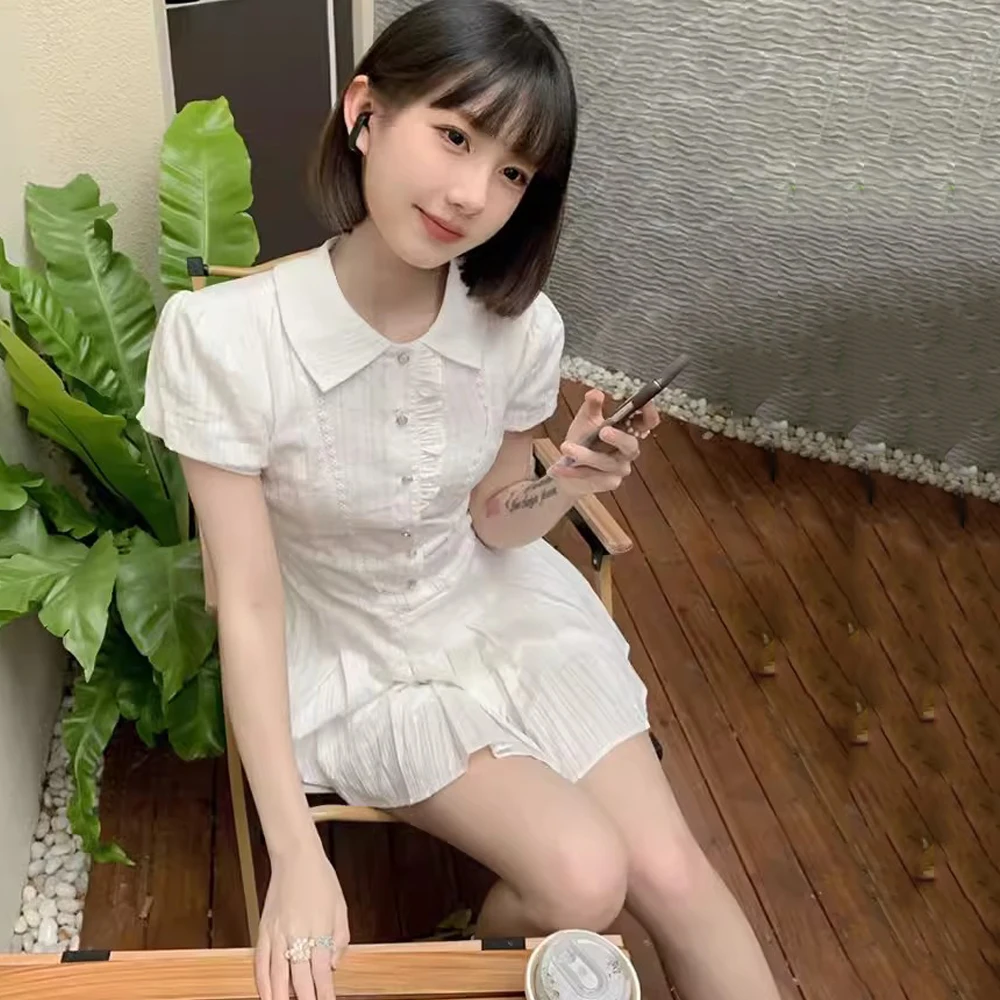 Korean Style White Women\'s Dress Harajuku Vintage Short Sleeve A-Line Midi Dress For Female Clothes Summer One-Piece Dresses