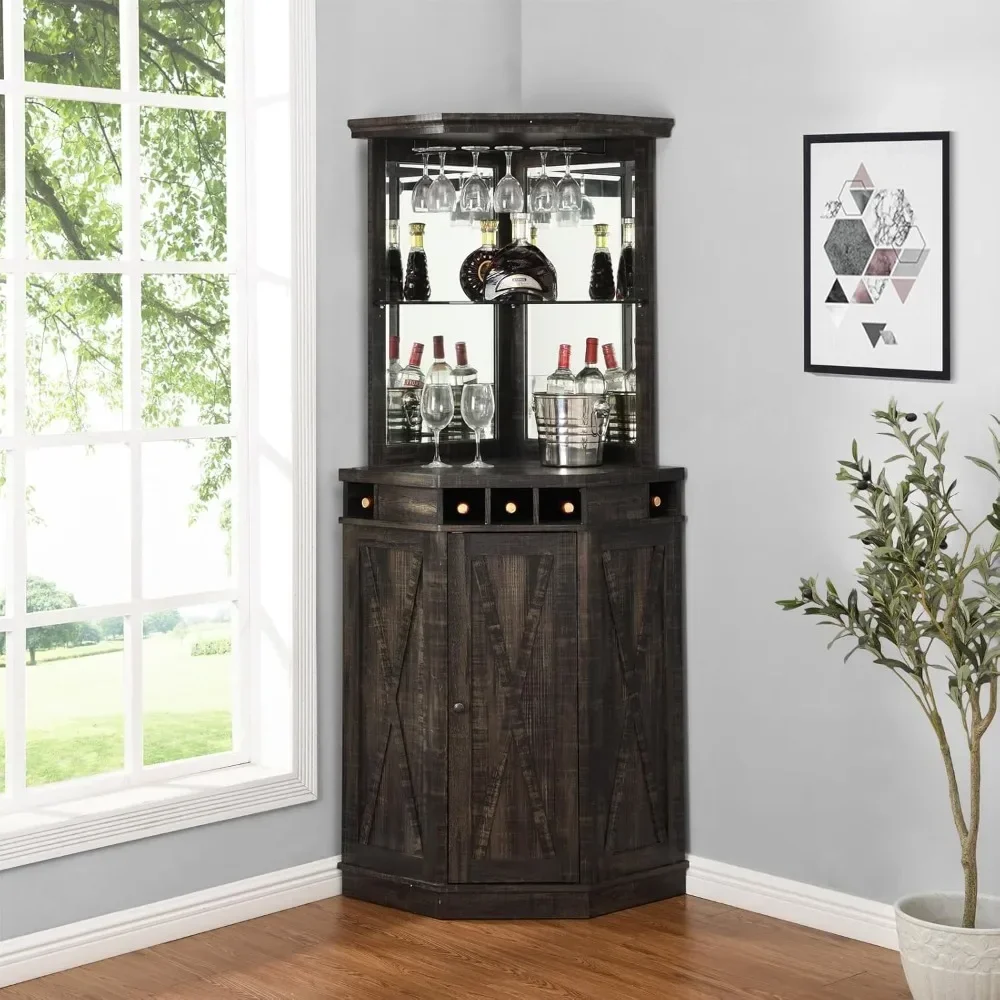 Armadio portaoggetti ad angolo alto 73 "con ante in legno, vino Rcak, portabicchieri per liquori, Design in vetro Large Rustic Bar Hutch