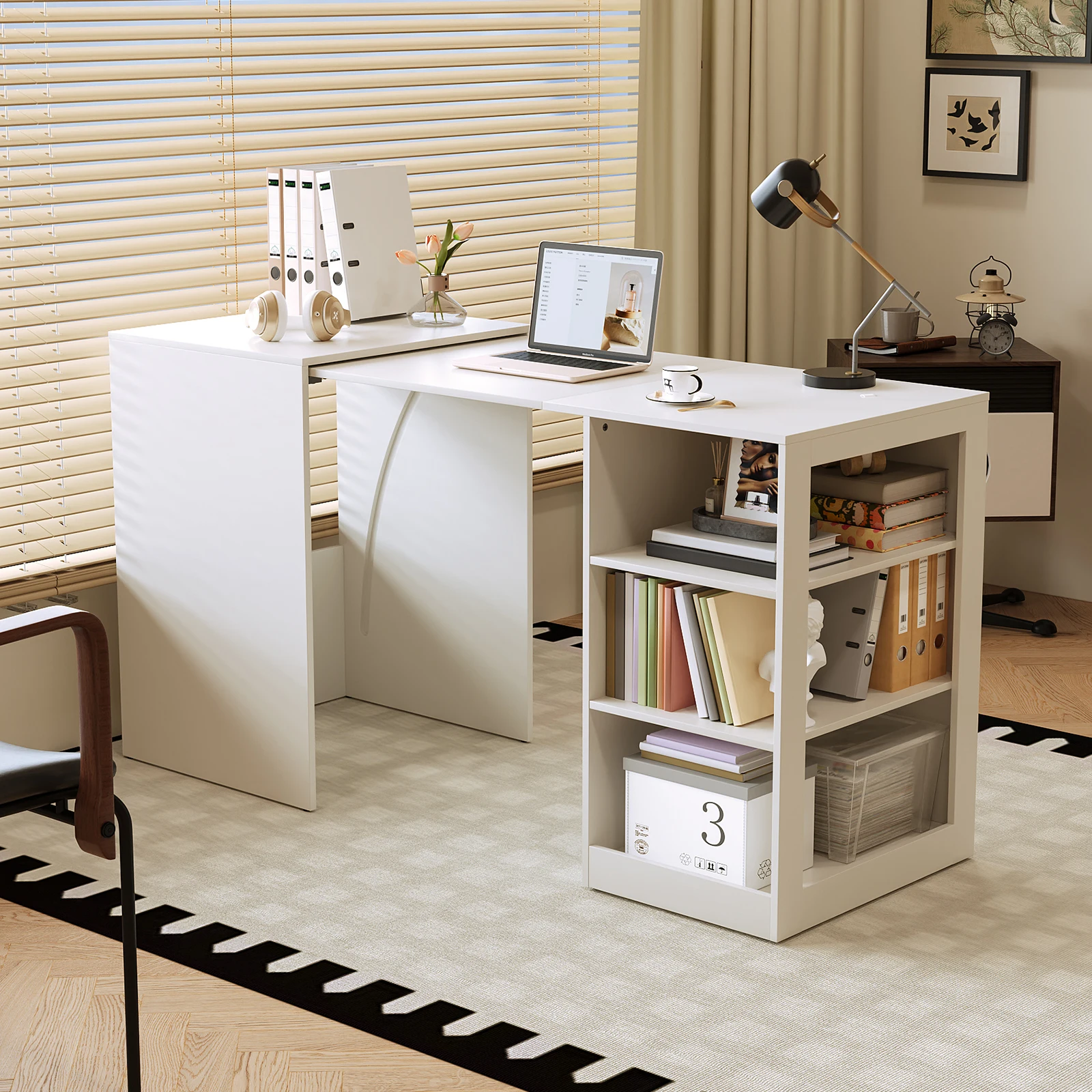 

58" Office Desk with Pull Out Table on Hidden Wheels, Computer Desk with 3-Tier Open Shelves, Folding Desks for Small Spaces, as Kitchen Island, Bar(White)