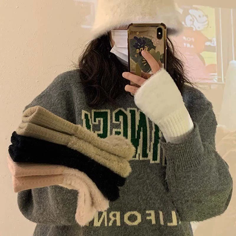 

Мягкие зимние теплые перчатки из флиса для женщин, однотонные плюшевые вязаные перчатки без пальцев, митенки для письма