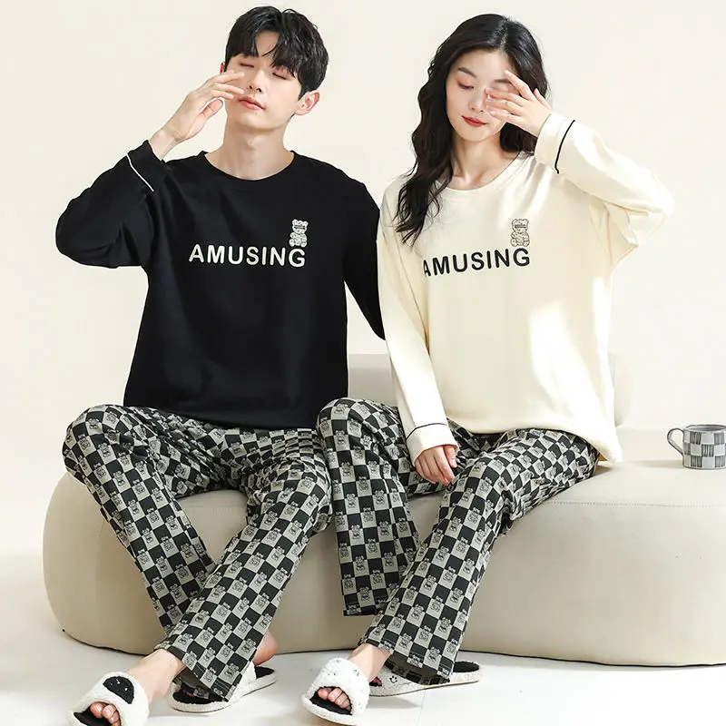 Baju tidur Pasangan piyama katun pria wanita Set Pullover lengan panjang piyama celana Loungewear longgar pakaian Kawaii baru