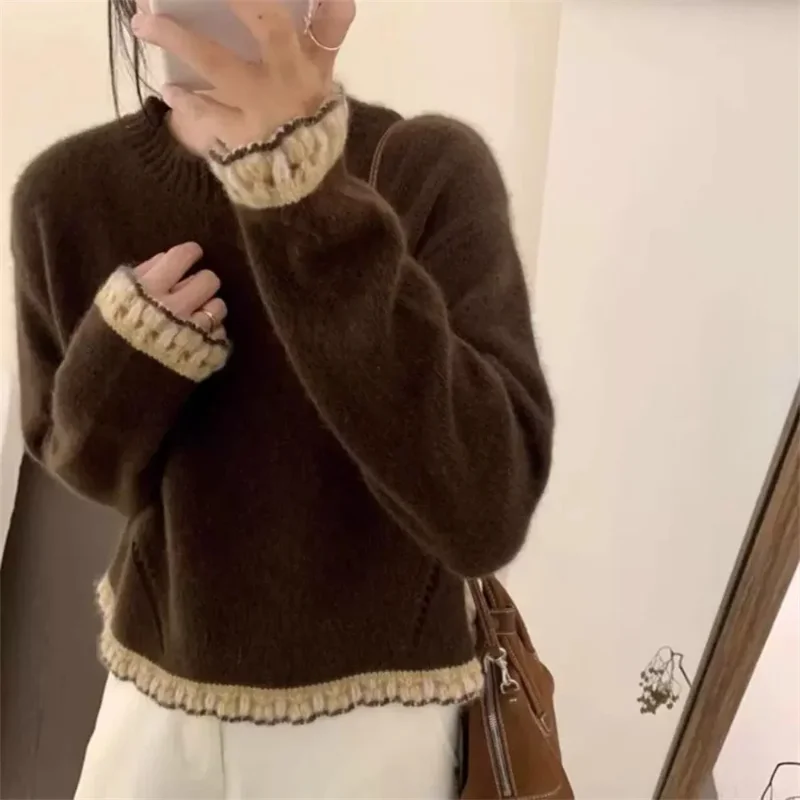 

Осенне-зимняя мода, корейский новый кофейный пуловер с круглым вырезом, свитер для женщин, вязаная одежда с длинными рукавами, свитера, базовый топ