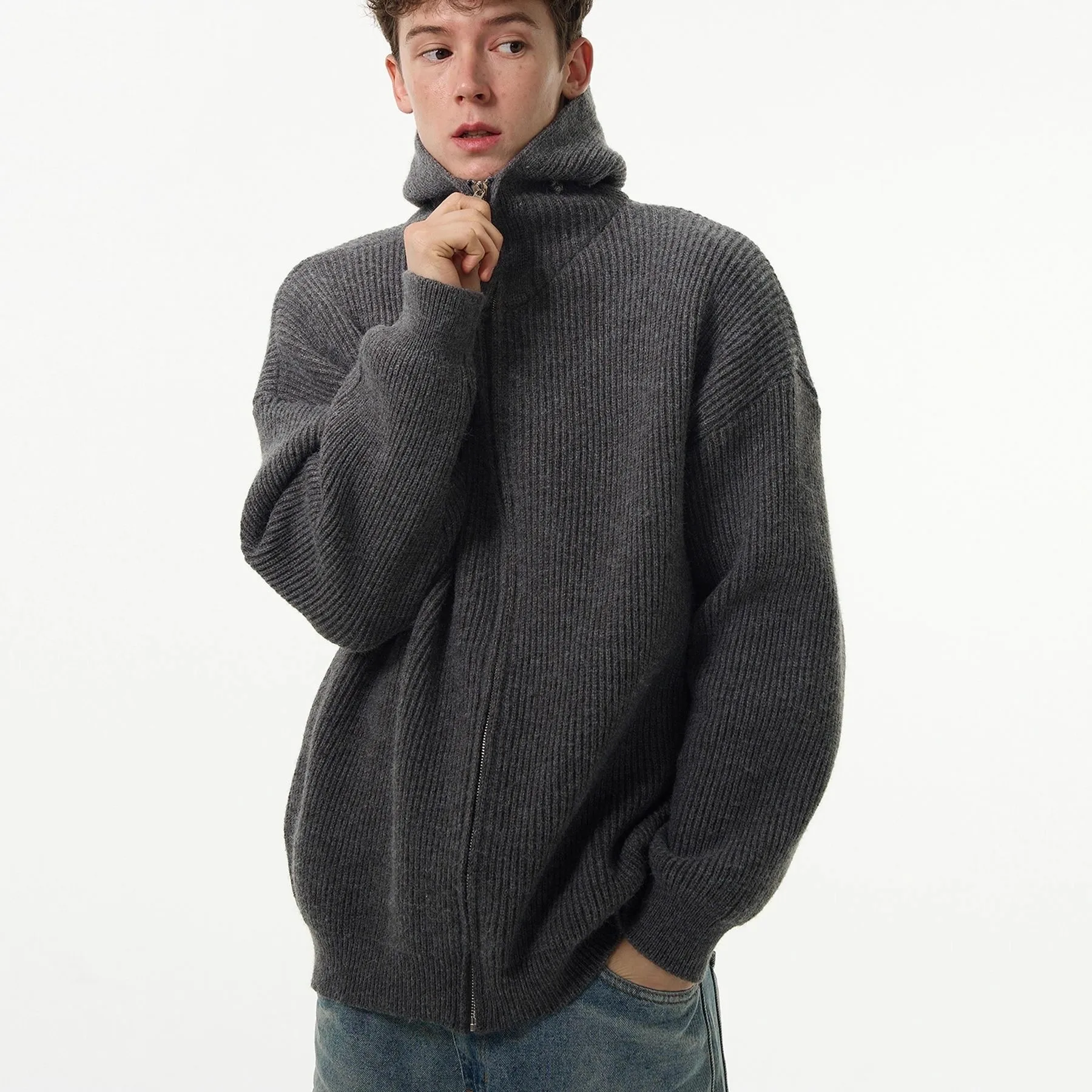 

plus Size Men's Zipper Knitted Sweater Vertical Stripe Design Autumn Winter Simple Color Hooded Jaet Large 300 Pou