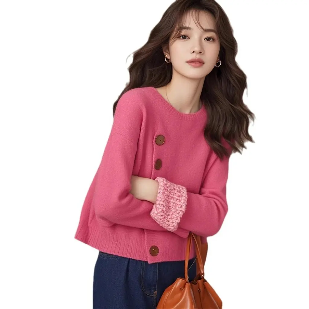 

Women's European Heavy Industry Design Knitwear Raspberry Button Pullover High-End Winter Lazy Style New