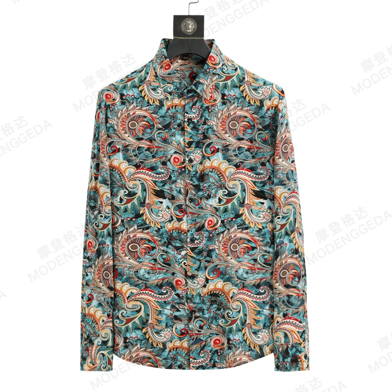 

2026 Chinese Style Printed Long Sleeved Shirt for Men Silky Breathable Casual Shirts Versatile Social Banquet Nightclub Shirt