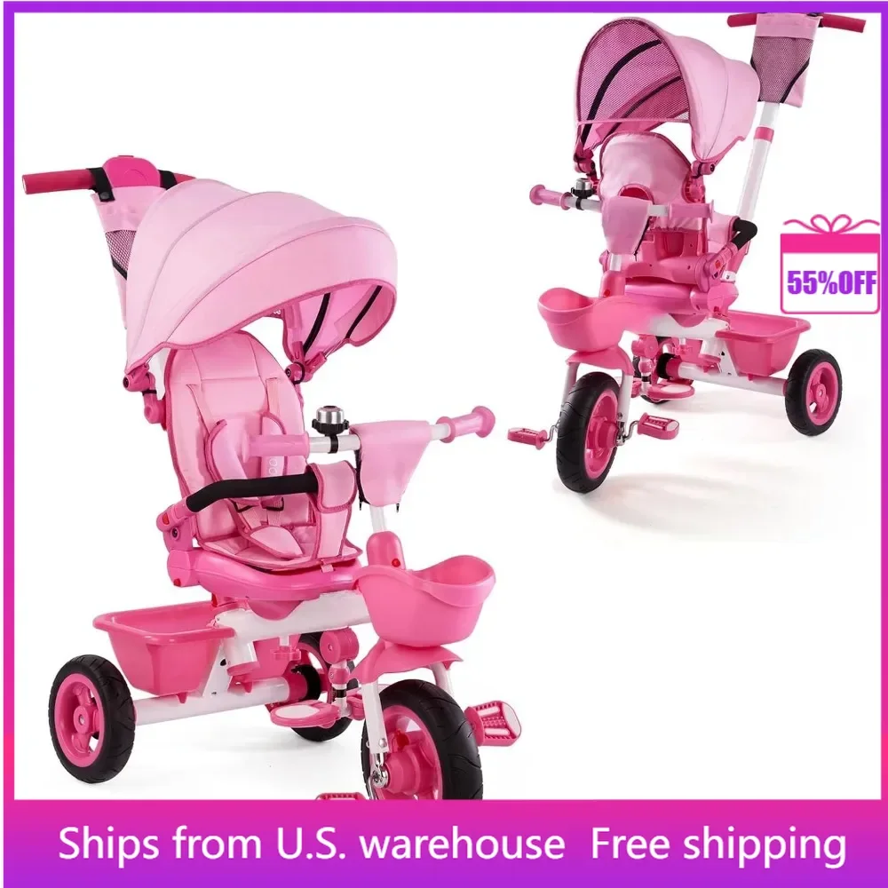 

6-in-1 Kids Tricycle with Adjustable Push Handle,Removable Canopy, Safety Harness for 5 Year Old Send children on Children's Day