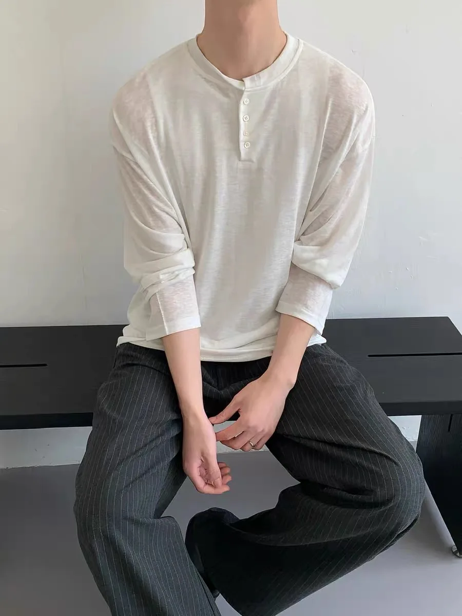 Korean Style Henry Collar Thin Loose Knitted Long Sleeve Men Summer Design  Color Cover up Couple T-Shirt Breathable