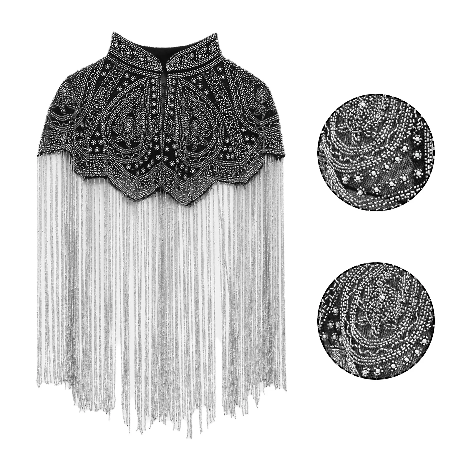 1920s Women Long Fringed Shawl Shirt Tops Thin Coat Sequin Beaded Tassel Evening Cape Flapper Wrap for Wedding Reception Events